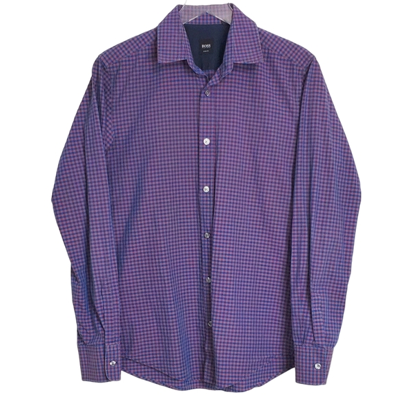 Boss Hugo Boss size S check plaid slim fit shirt blue button front long sleeve - Picture 1 of 11